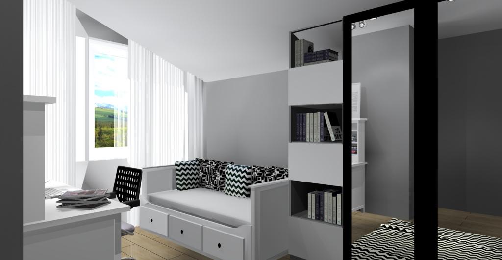 wnętrze pokoju dla dziewczynki na poddaszu ze skosami w kolorach biały i czarny, biurko Ikea Hemnes, łóżko Ikea hemnes, szafa pod zamówienie